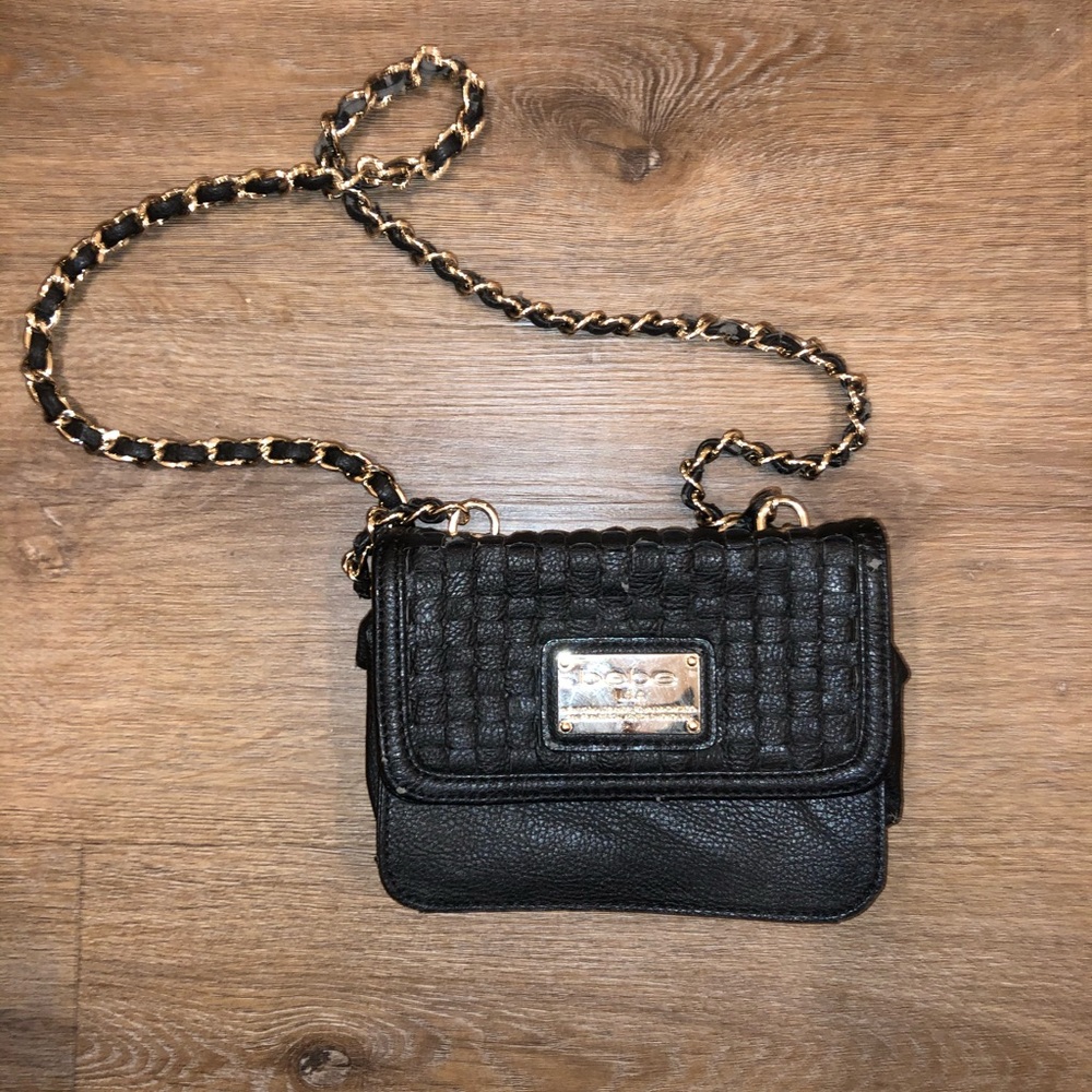Bebe Small Black Leather Purse Gold & Black Chain